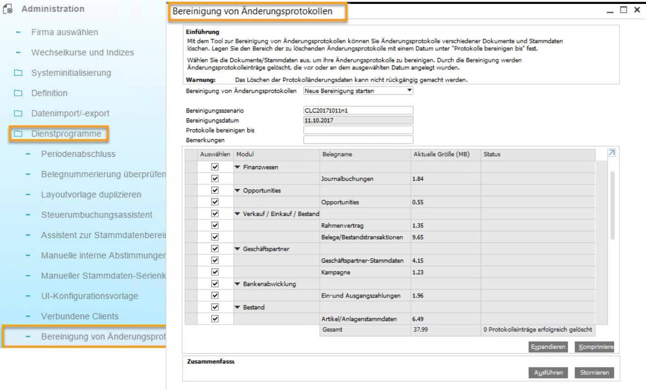 SAP Business One Version 9.3 Administration Bereinigung des Änderungsprotokolls